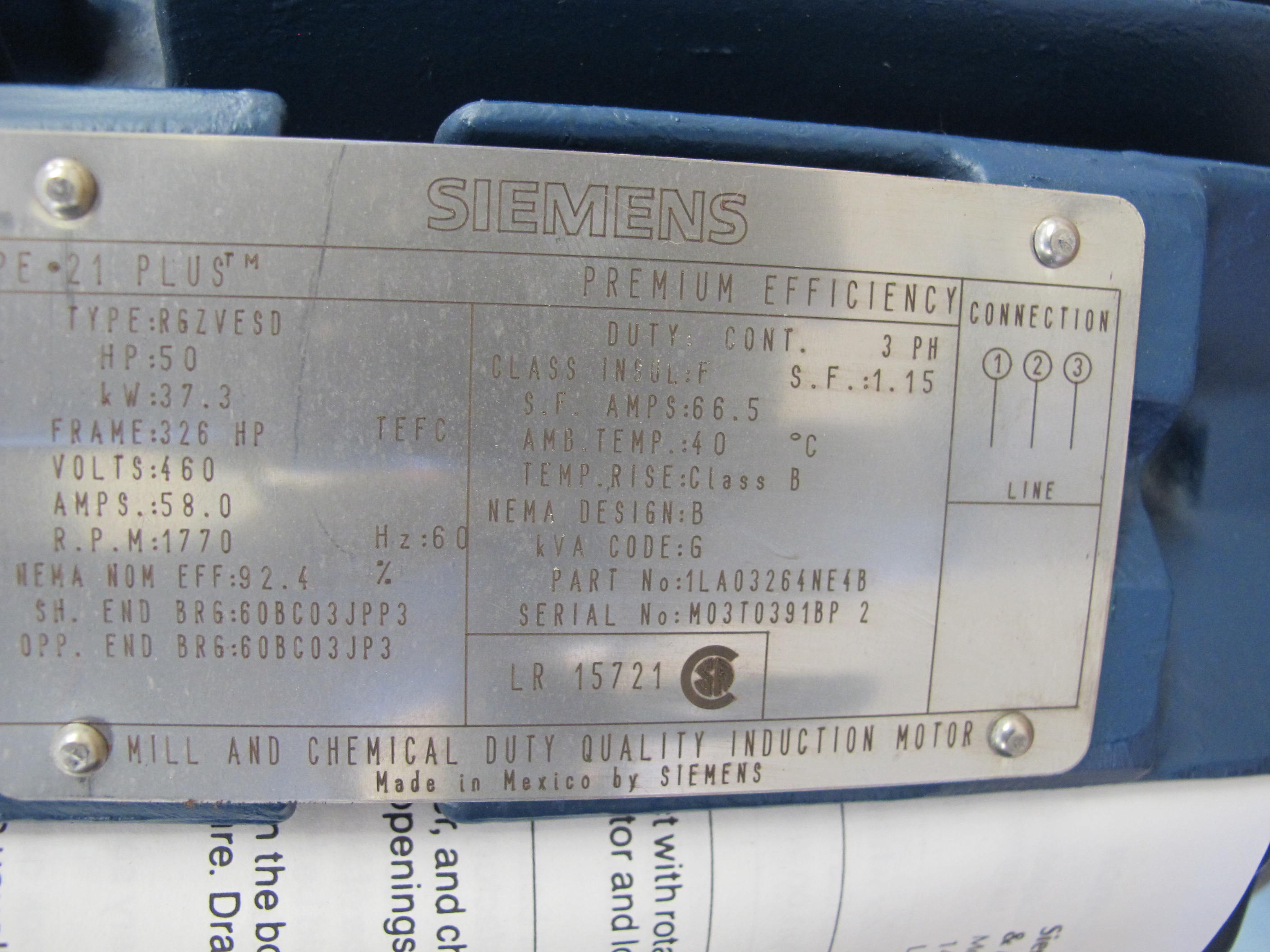 MOTOR, ELECTRIC TYPE, 50 HORSEPOWER, 460V 3 PHASE 60HZ ELEC RATING, 1770 RPM, 326HP FRAME, 58 AMPS, TEFC ENCLOSURE, CONT. DUTY, 1.15 SERVICE FACTOR. SALES ORDER# 1-5133-LR52845-01, CATALOG #VPK-8074. 33W, 120V SPACE HEATER. PART # FRAME-326HP,RGZVESD (W-44) LOADING & HANDLING FEE $15-